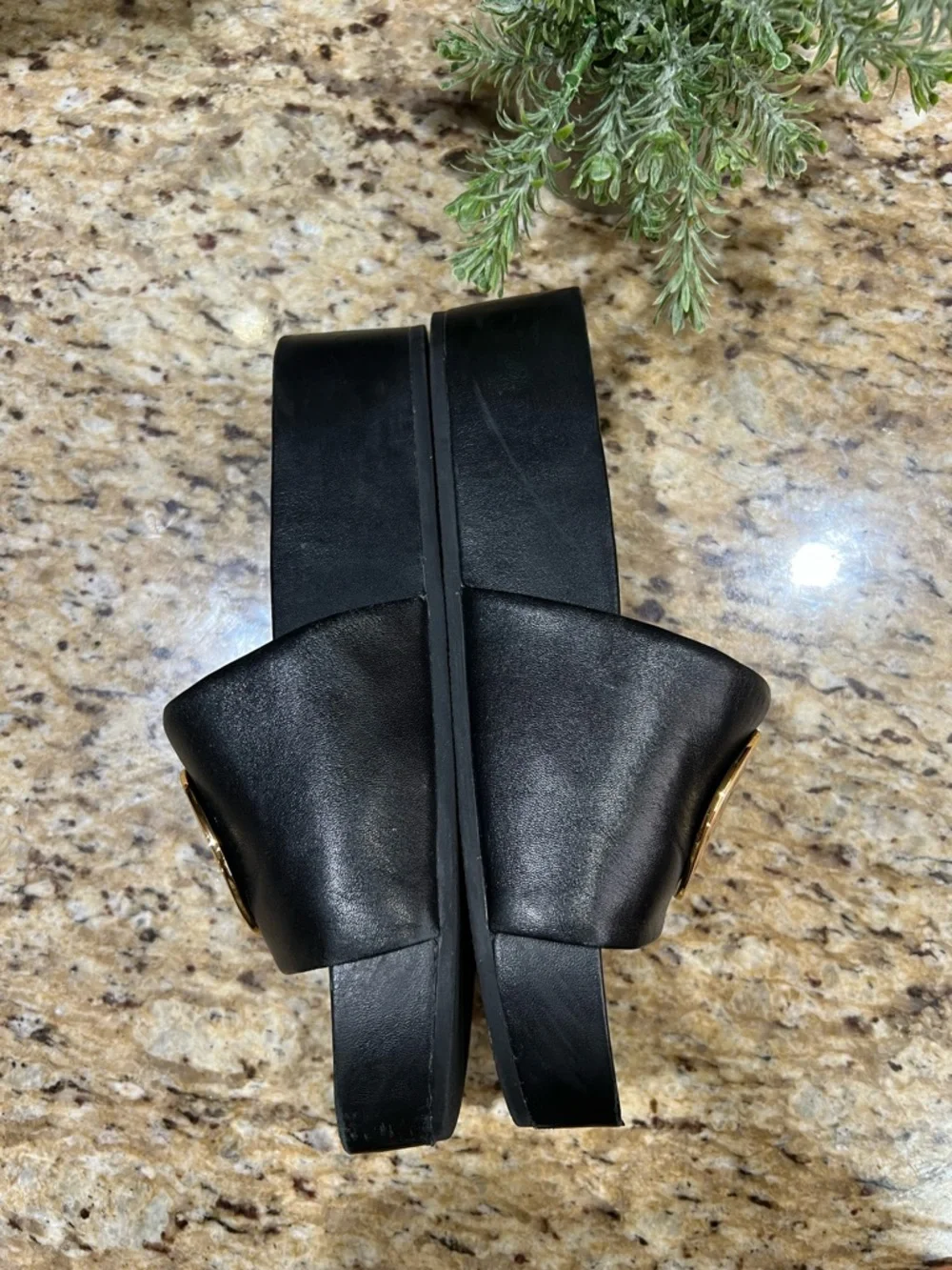 Tory Burch Black Leather Platform Slide with Gold Medallion 7.5M